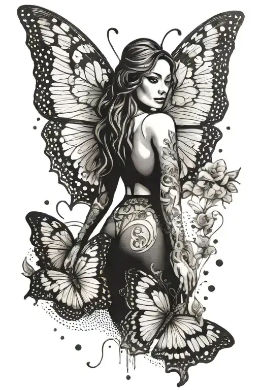 half butterfly, half girl wings from the butterfly and the girl’s body is standing full-frontal at full height tattoo design idea