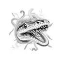 A full snake mouth open on thumb and first'finger  tattoo design idea