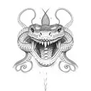 A full snake mouth open on thumb and first'finger  tattoo design idea