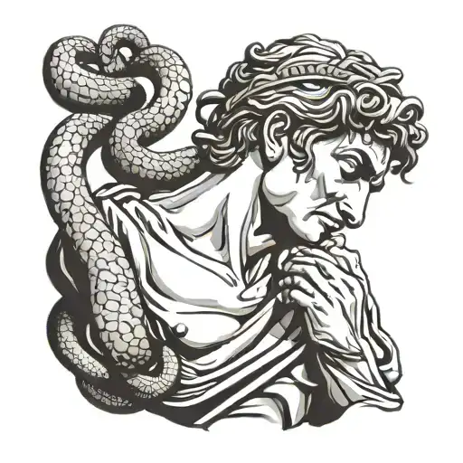 statue of david with a snake over his eyes like a blindfold tattoo design idea