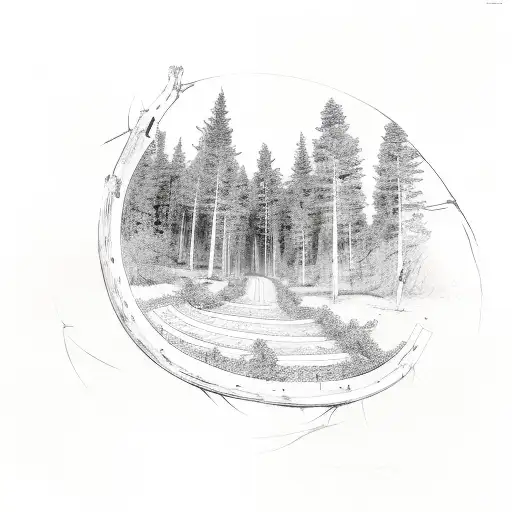 A dirt bike trail winding through a forest with ancient historical symbols hidden in the trees tattoo design idea
