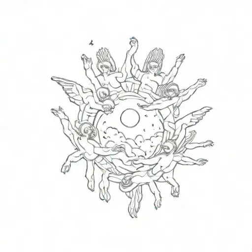 5 persons holding hands entering heaven . mother father and 3 brothers  tattoo design idea