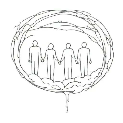 5 persons holding hands entering heaven . mother father and 3 brothers  tattoo design idea