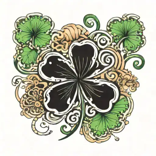 Make a tattoo  image on the idea of 5 leaf clover and inside its  show mother secrifices and aquarium  star signs  tattoo design idea