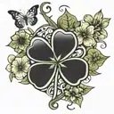 Make a tattoo  image on the idea of 5 leaf clover and inside its  show mother secrifices and aquarium  star signs  tattoo design idea