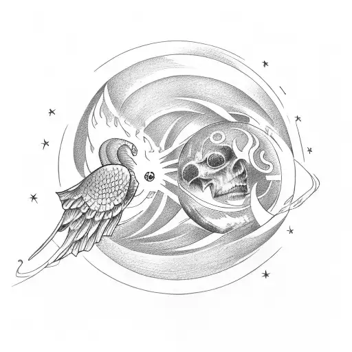 tattoo with strong lines, icarus paradise with two sides, moon and sun tattoo design idea