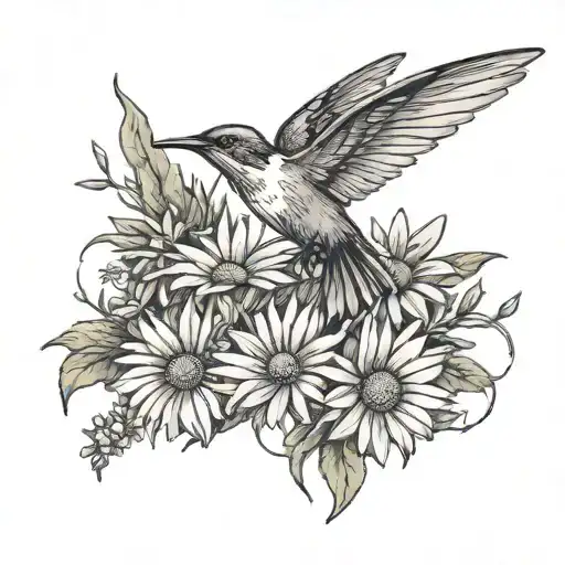 simple minimalistic memorial tattoo for my nana with hummingbirds and daisies and a peaking sun tattoo design idea