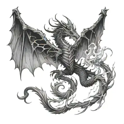 A detailed blackwork tattoo of a dragon with wings made of swords, surrounded by flames tattoo design idea