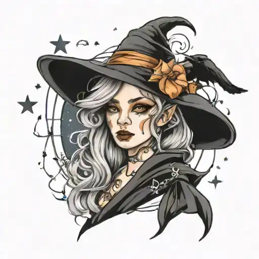 tattoo design, witch vibes, girly, feminine, celestrial details, highly detailed, realistic, cute, full HD tattoo design idea