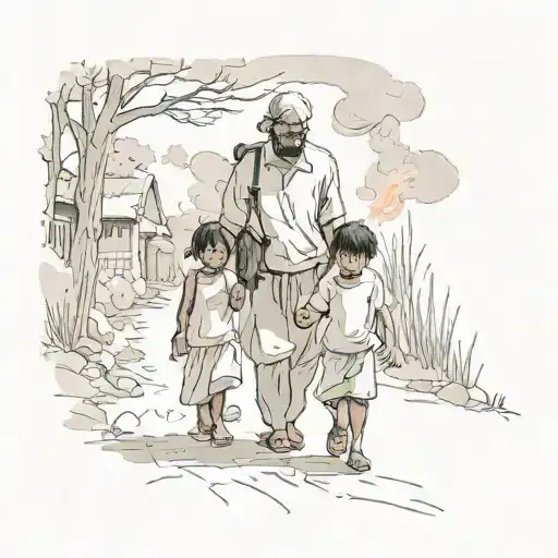 father and child walking along road carrying the fire  tattoo design idea