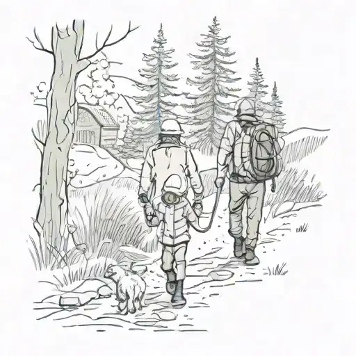 father and child walking along trail carrying the fire  tattoo design idea