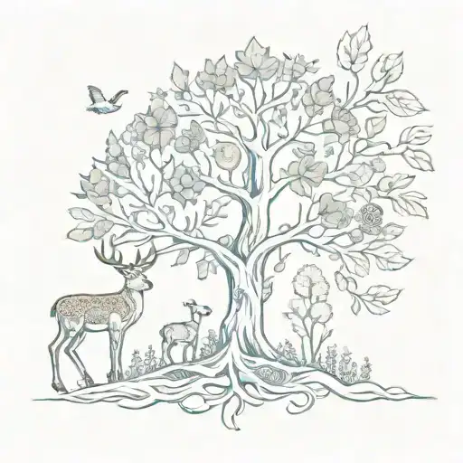 Incorporate symbols of Slovakia and Scotland into a unique tree design, with deer and flowers intertwined throughout tattoo design idea
