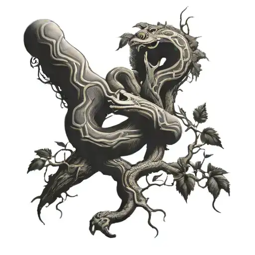 tree with snake wrapping around it tattoo design idea