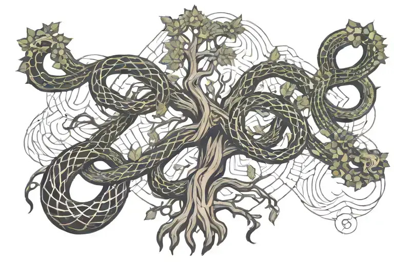 tree with snake wrapping around it tattoo design idea