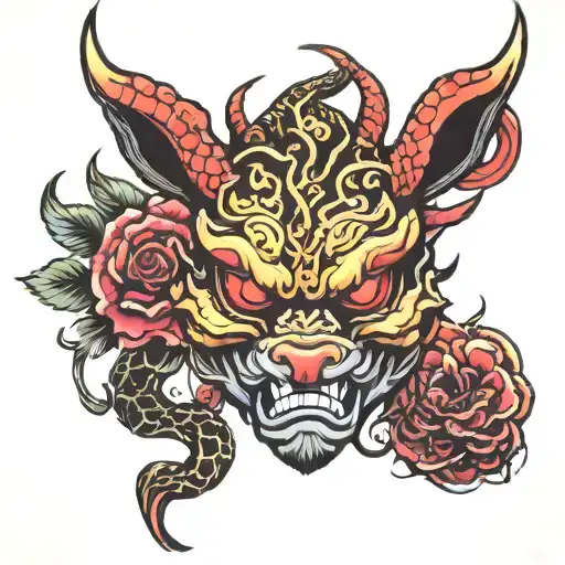 deer oni mask snake tattoo design idea