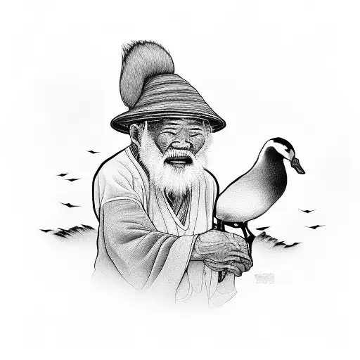 old man holding a goose Asian style tattoo design idea