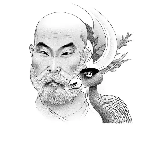 man and a goose in Asian style tattoo design idea