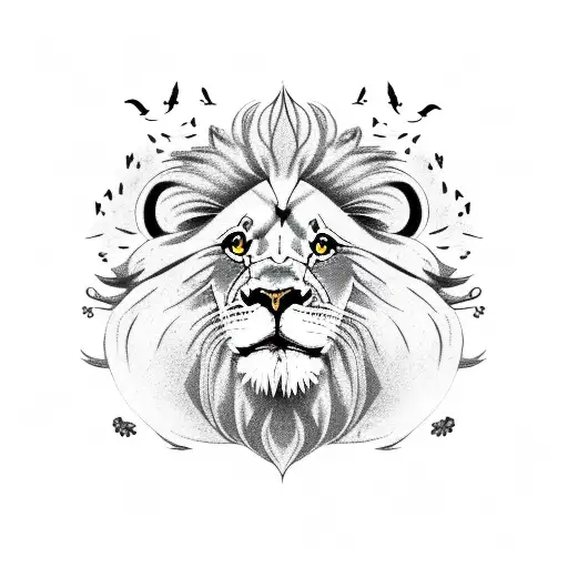lion with doves and clouds but with dates and name  tattoo design idea
