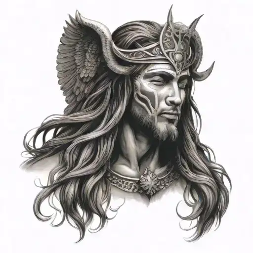 archangel with long flowing hair, is looking down on a man who is meditating and this man has an African mask on  tattoo design idea