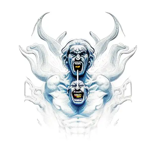 crying devil with a greek philospher looking powerful in the foreground, cool glowing background tattoo design idea