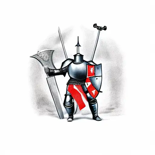 knight in armour holding large battleaxe, english flag behind him tattoo design idea