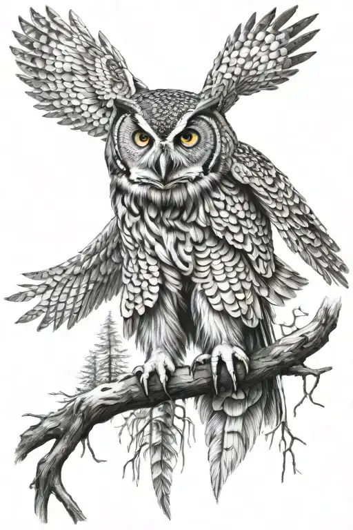 outdoors themed tattoo with an owl and Sasquatch  tattoo design idea