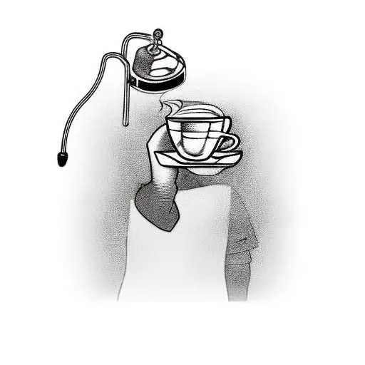 A realistic portrayal of a barista holding a mobile tower instead of a coffee cup tattoo design idea