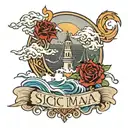 sic parvis magna writing with waves crashing in the background tattoo design idea