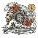 sic parvis magna writing with waves crashing in the background tattoo design idea