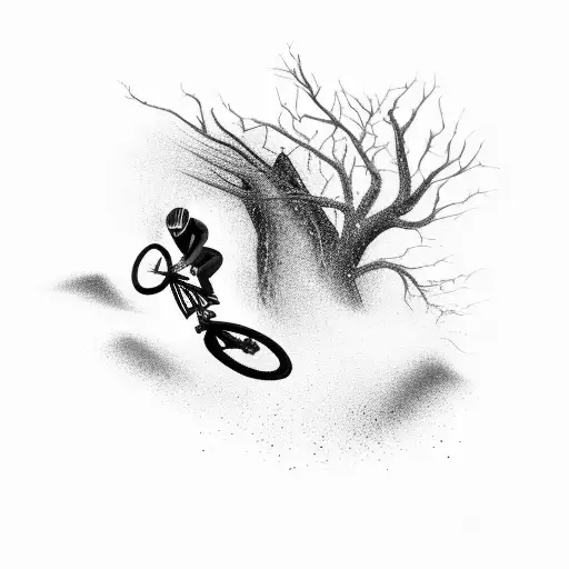 A black-grey tattoo of a mountain biker in mid-air, performing a daring jump over a trail obstacle tattoo design idea