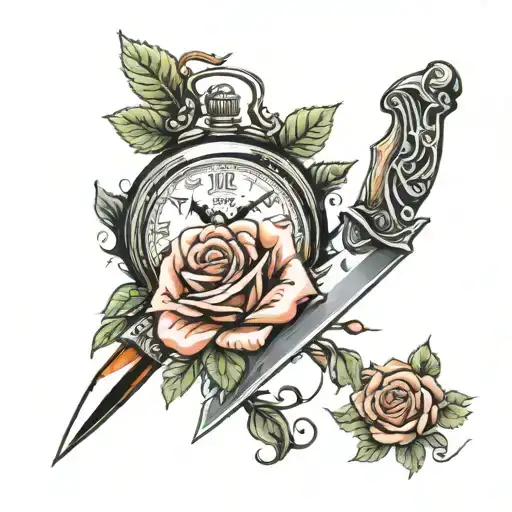 Roses and Clocks knives tattoo design idea