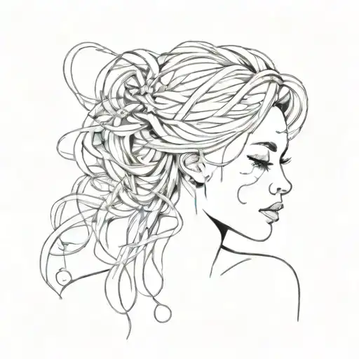 A sketch tattoo of a woman with a tangled mess of thoughts above her head, symbolizing overthinking tattoo design idea