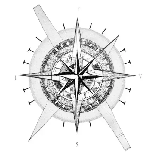 A compass rose design incorporating elements of bears, wolves, and ravens, symbolizing a love for the outdoors and military service tattoo design idea