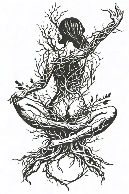 An abstract interpretation of a woman facing away, with arms outstretched and roots spreading out from her feet, symbolizing her connection to the earth and nature tattoo design idea
