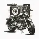 A vintage motorcycle with a cassette tape wrapped around it, symbolizing the 90s music era tattoo design idea