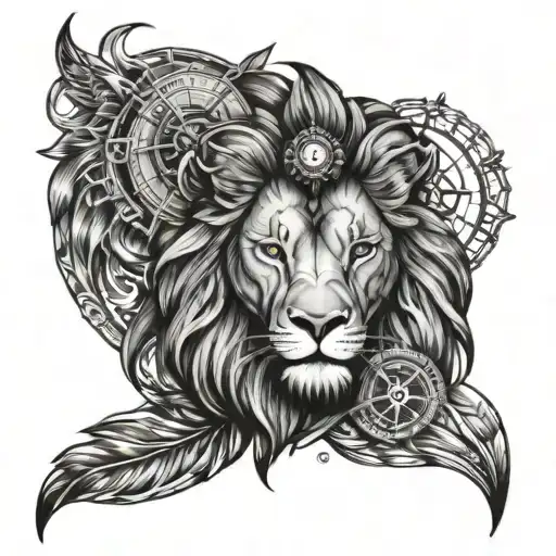 Make a tattoo with a lion, a blue eye and a compass, the tattoo should be black and white  tattoo design idea