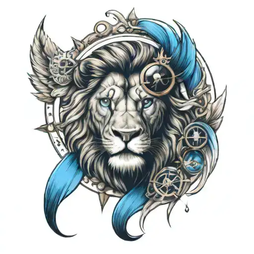 Make a tattoo with a lion, a blue eye and a compass, the tattoo should be black and white  tattoo design idea
