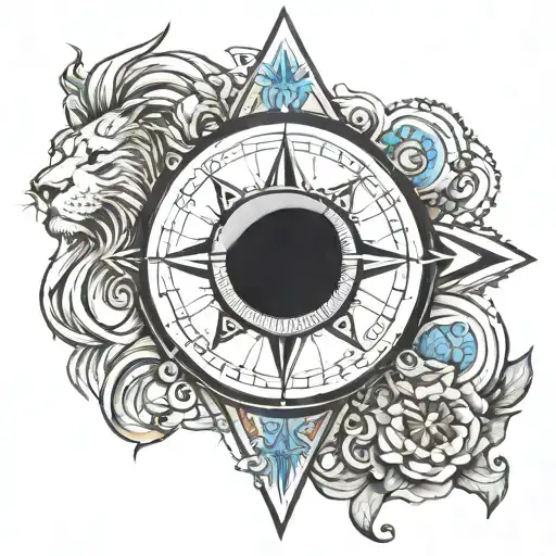 Get a tattoo that is black and white but has a lion and a compass and a blue human eye tattoo design idea