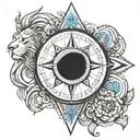 Get a tattoo that is black and white but has a lion and a compass and a blue human eye tattoo design idea