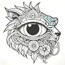 Get a tattoo that is black and white but has a lion and a compass and a blue human eye tattoo design idea