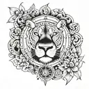 Get a tattoo that is black and white but has a lion and a compass and a blue human eye tattoo design idea