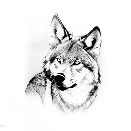 A black and grey portrait of Ella Sri Lanka with a wolf companion tattoo design idea
