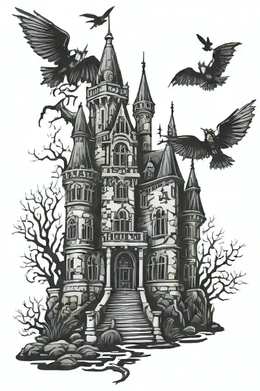 haunted gothic castle tattoo design idea