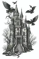 haunted gothic castle tattoo design idea