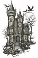 haunted gothic castle tattoo design idea