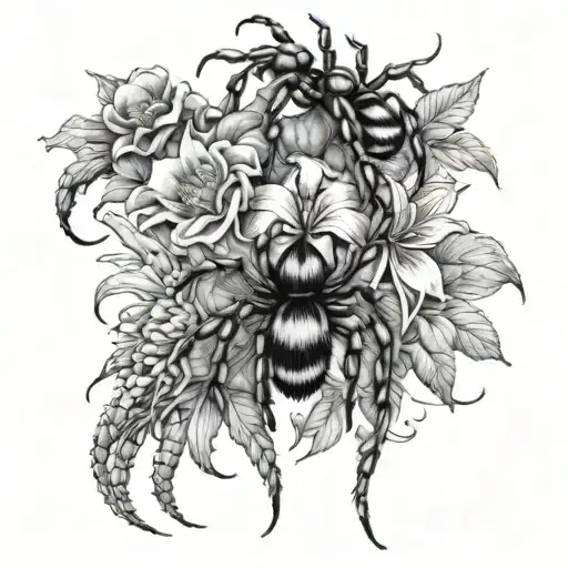 A detailed botanical illustration of various exotic flowers intertwined with crawling tarantulas, creating a harmonious yet eerie composition tattoo design idea