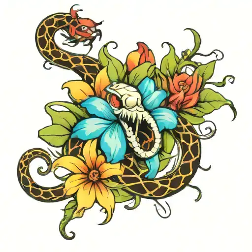flowers, snakes, and spiders tattoo design idea