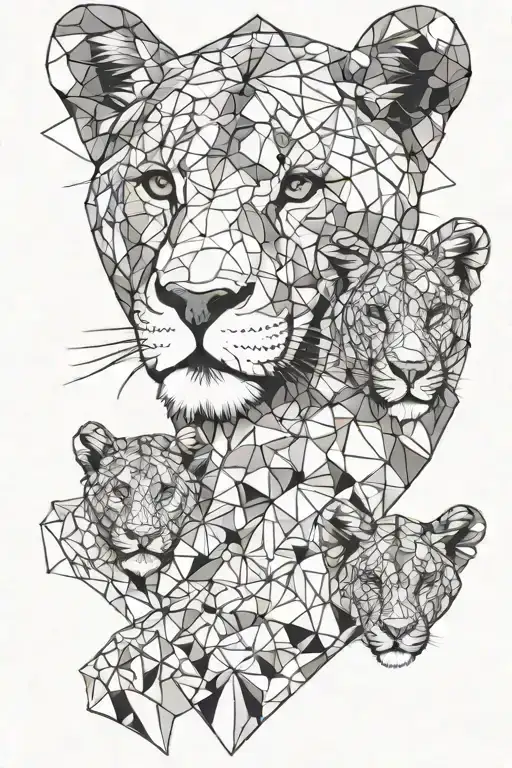 Half face of a lioness and 2 cubs tattoo design idea