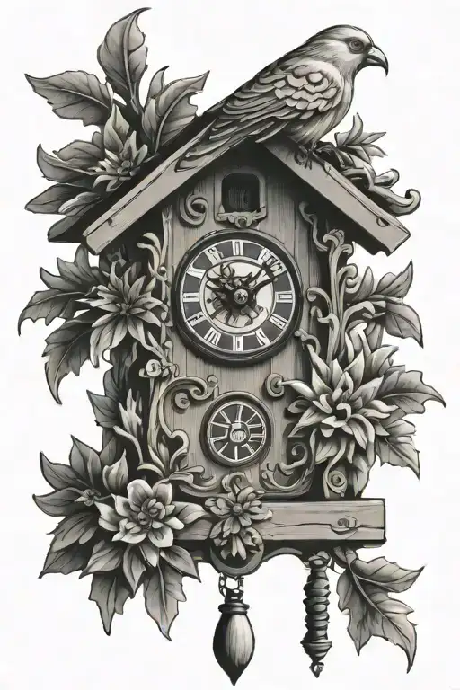 German cuckoo clock with edelweiss surrounding and a pretzel tattoo design idea