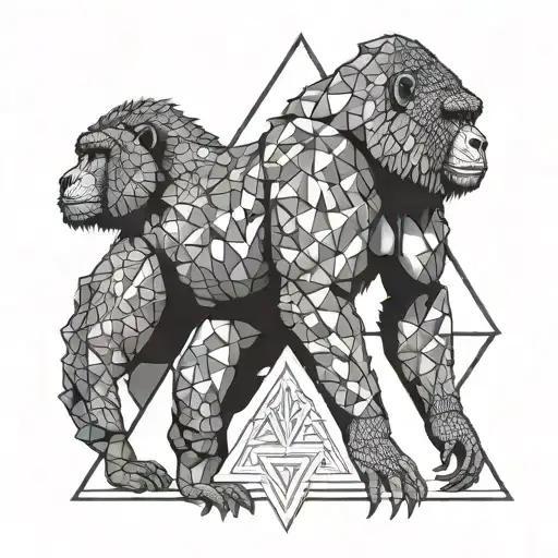 draw a black and white simmetrical tattoo of a triangle with inside of it 3 creatures. the creatures are a gorilla, a ca tattoo design idea